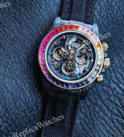 Rolex Daytona Skeleton Face Dandong 4130 Movement 40mm Rainbow Bezel Black Fabric Band Watch